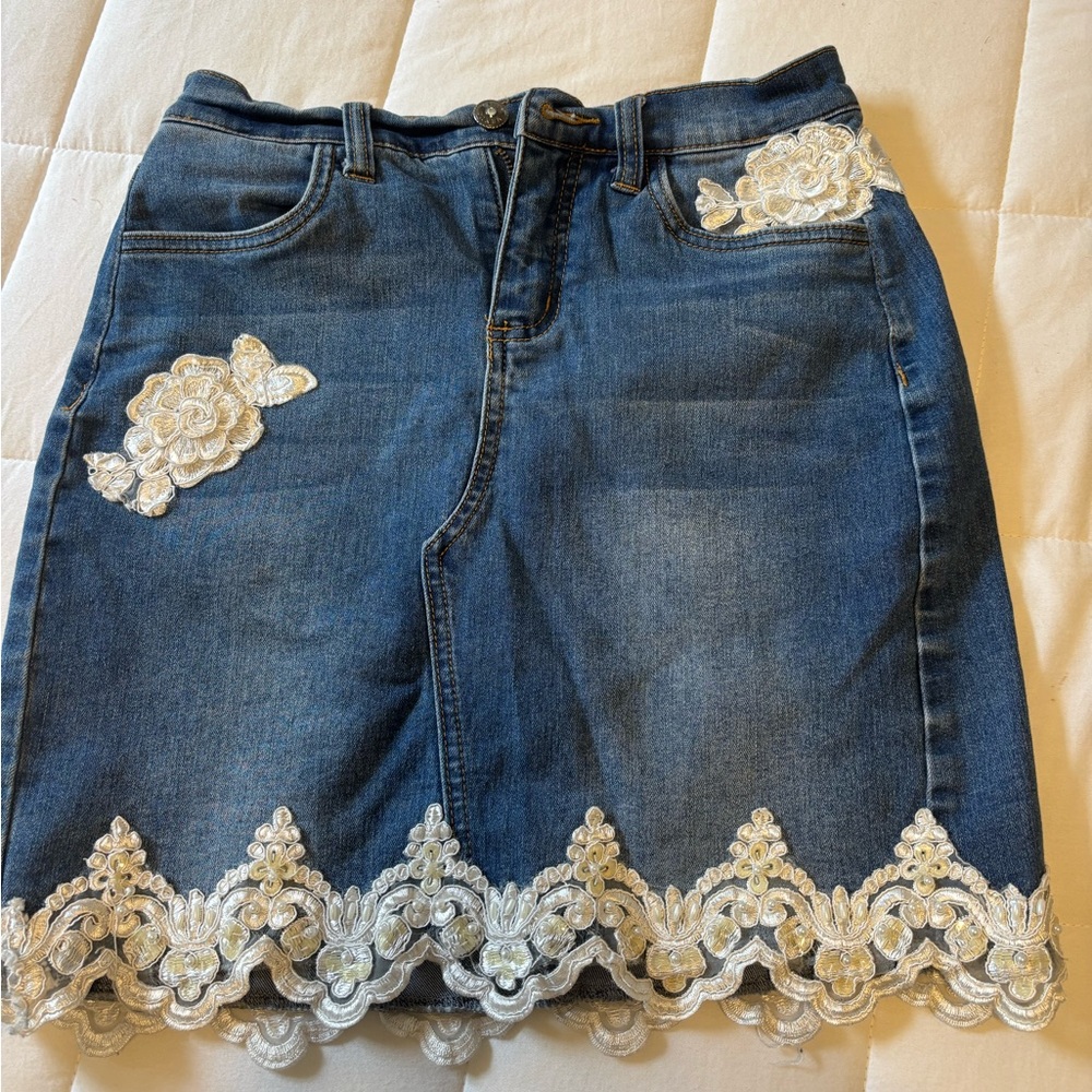 Denim Skirt with Lace Accents